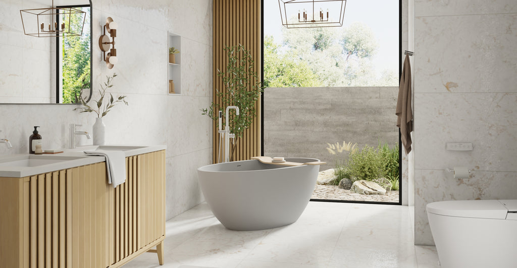 Badeloft BW-04-L-GRY matte grey freestanding bathtub, lifestyle view 4