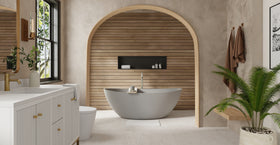 Badeloft BW-03-L-GRY matte grey freestanding bathtub, lifestyle view
