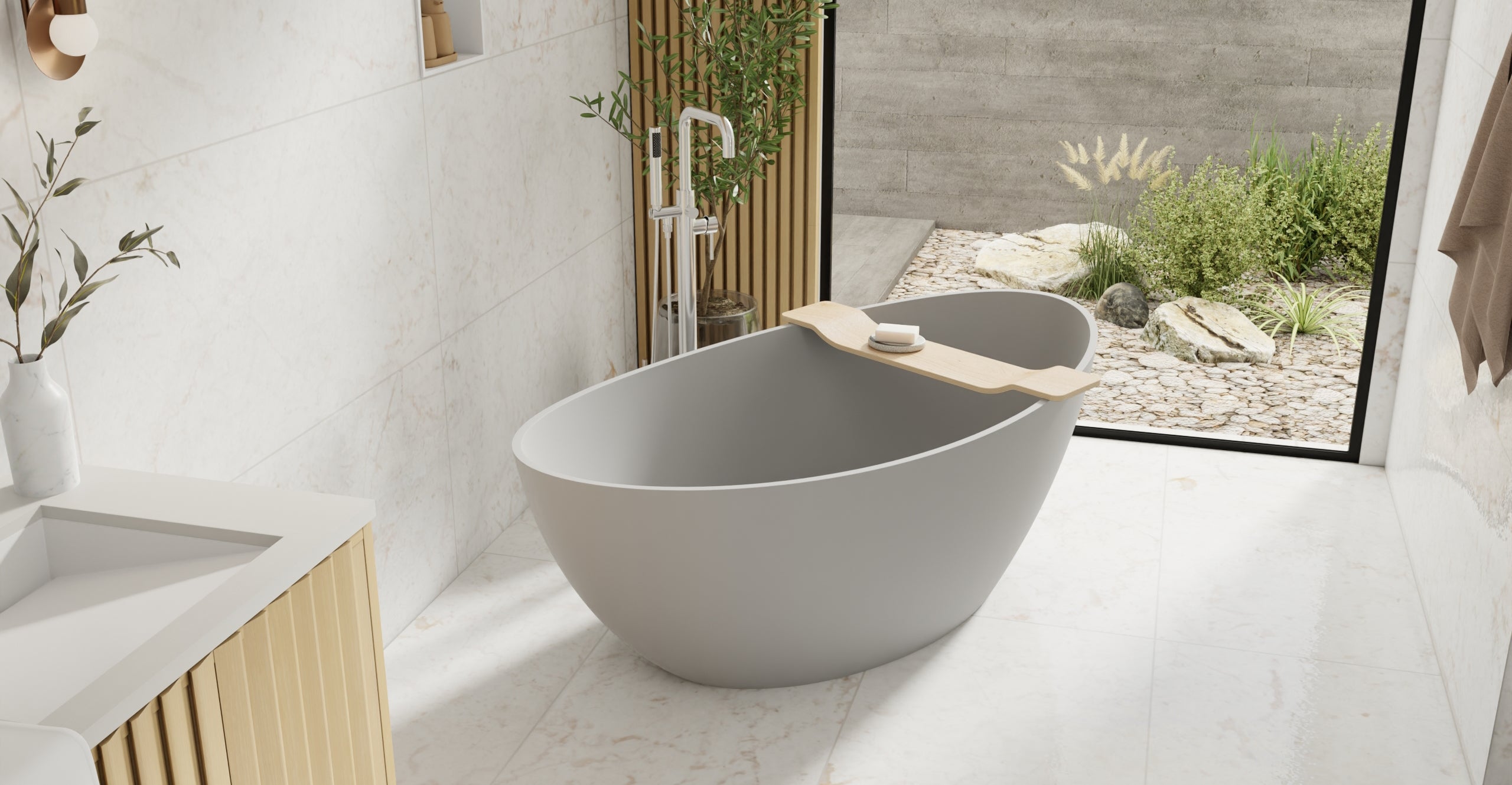 Badeloft BW-03-L-GRY matte grey freestanding bathtub, lifestyle view 6
