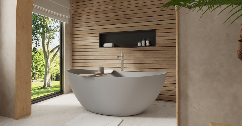 Badeloft BW-03-L-GRY matte grey freestanding bathtub, lifestyle view 2
