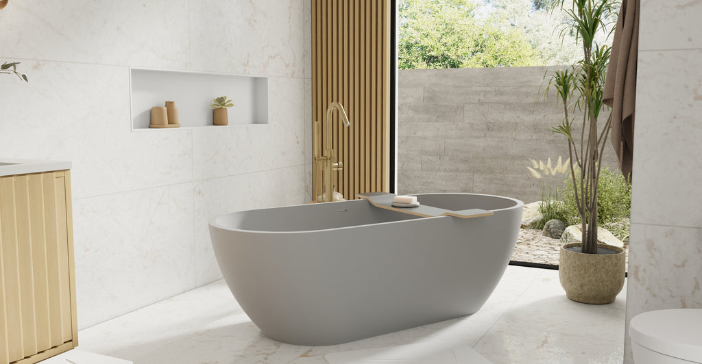 Badeloft BW-02-XL-GRY matte grey freestanding bathtub, lifestyle view 5