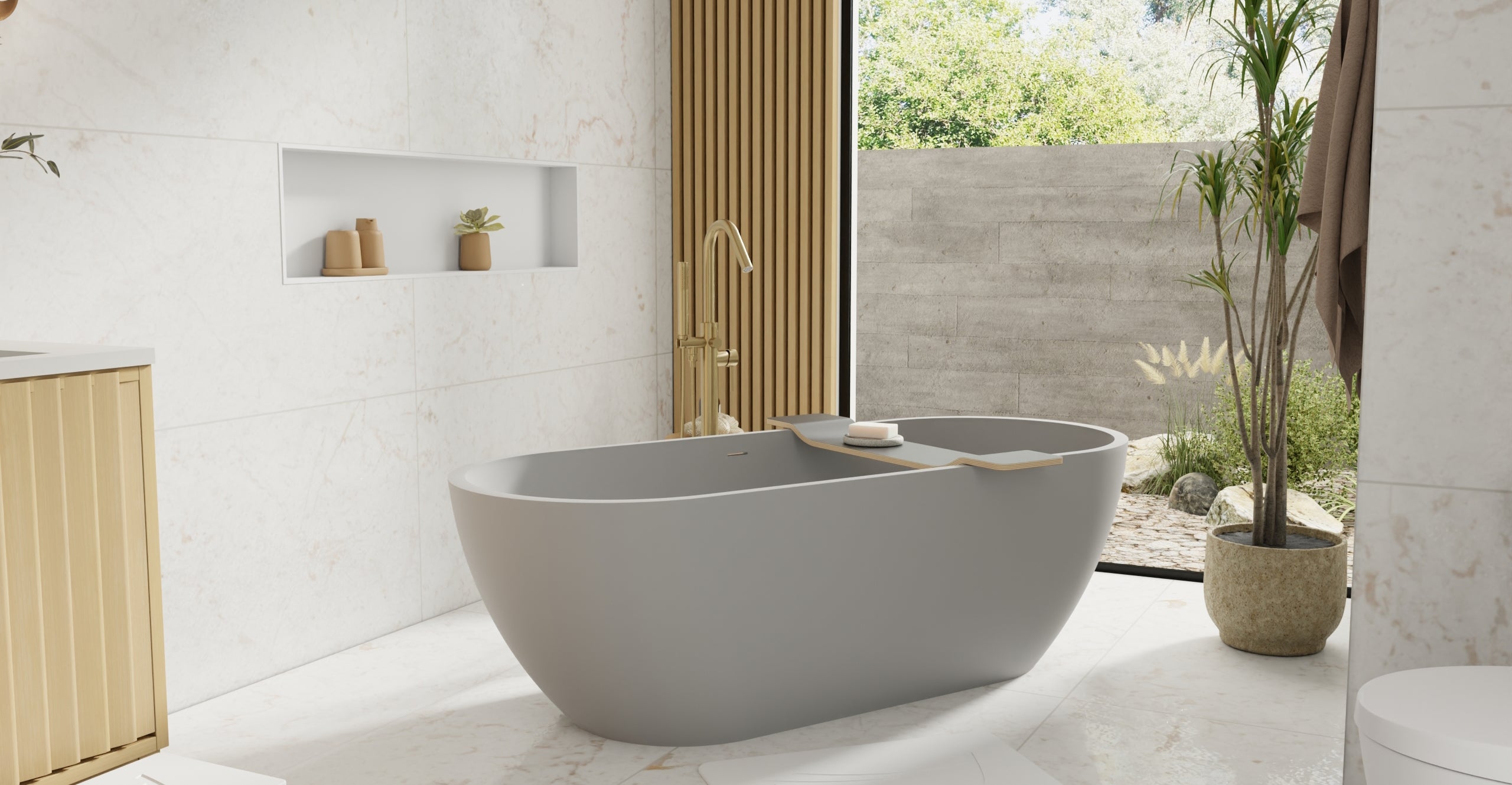 Badeloft BW-02-XL-GRY matte grey freestanding bathtub, lifestyle view 5