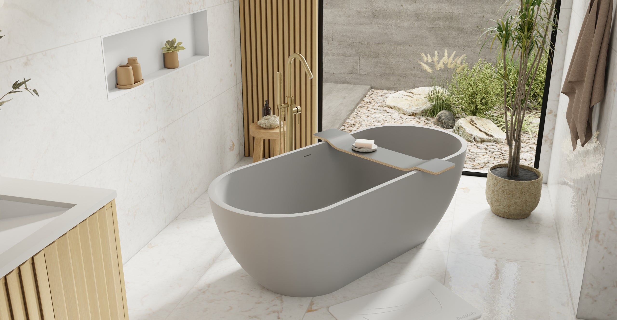 Badeloft BW-02-XL-GRY matte grey freestanding bathtub, lifestyle view 6