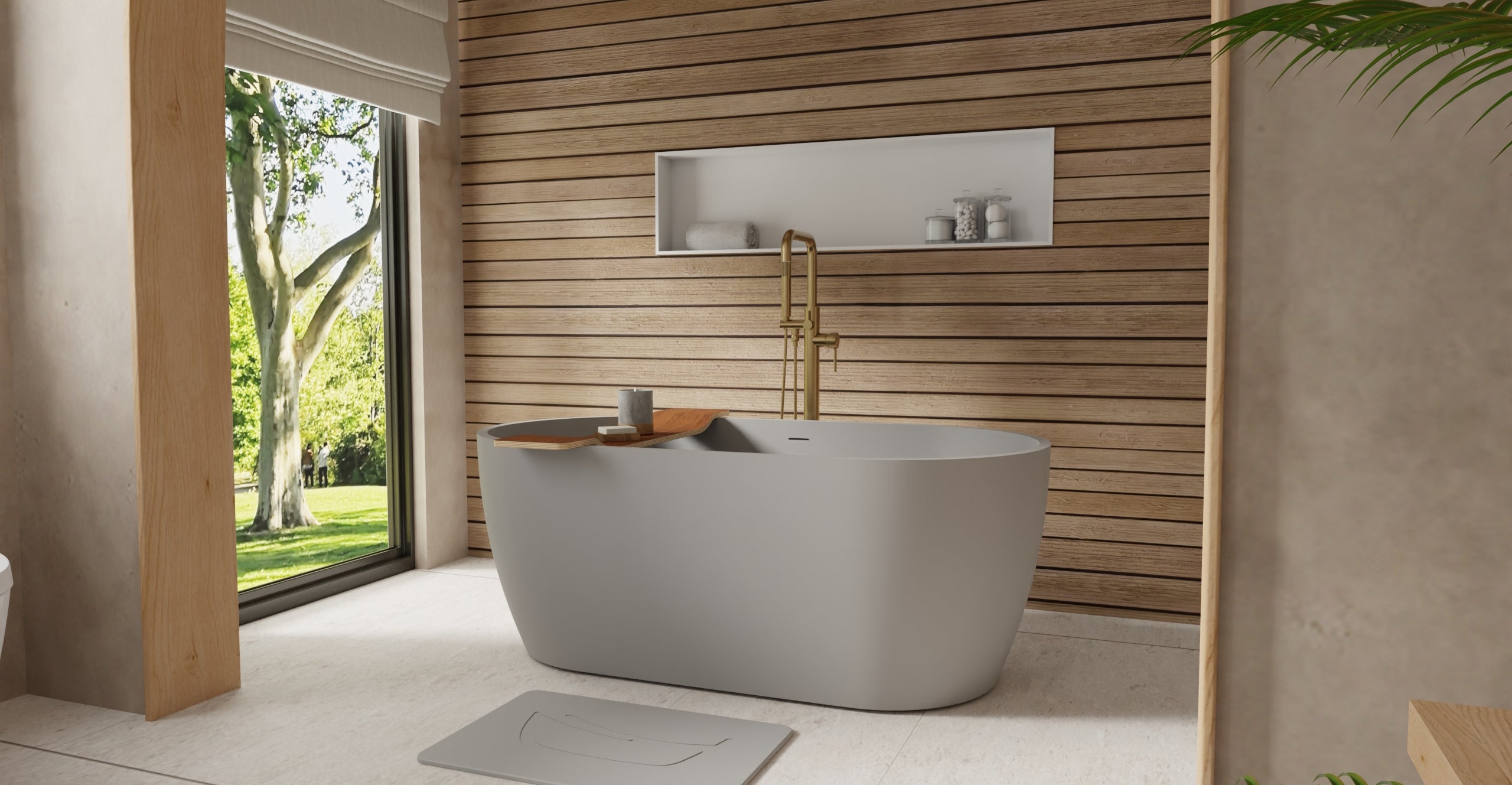 Badeloft BW-02-S-GRY matte grey freestanding bathtub, lifestyle view 2