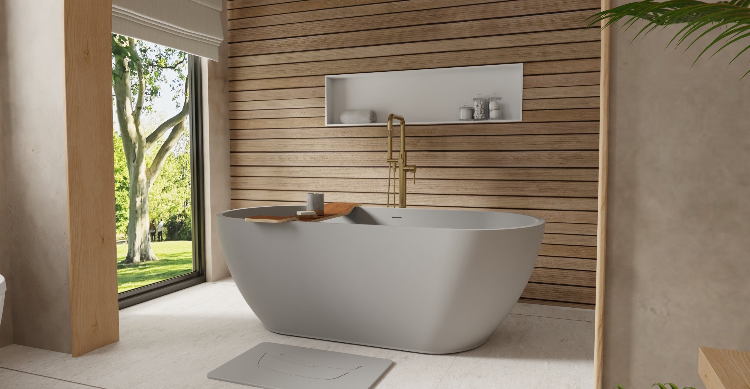 Badeloft BW-02-M-GRY matte grey freestanding bathtub, lifestyle view 2