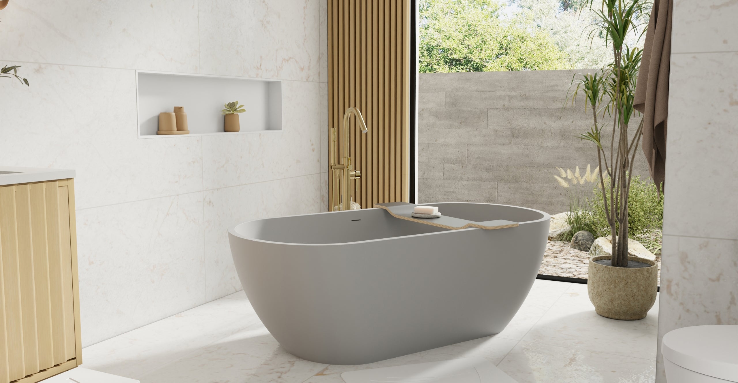 Badeloft BW-02-M-GRY matte grey freestanding bathtub, lifestyle view 5