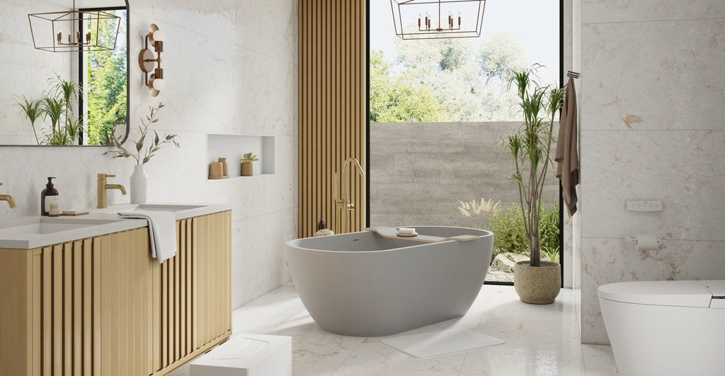 Badeloft BW-02-M-GRY matte grey freestanding bathtub, lifestyle view 4