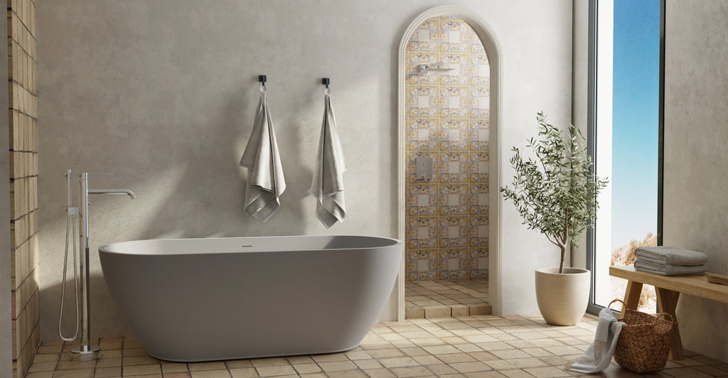 Badeloft BW-02-M-GRY matte grey freestanding bathtub, lifestyle view 7