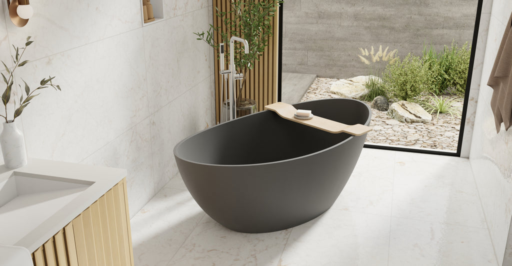 Badeloft BW-03-L-BLK matte black freestanding bathtub, lifestyle view 6