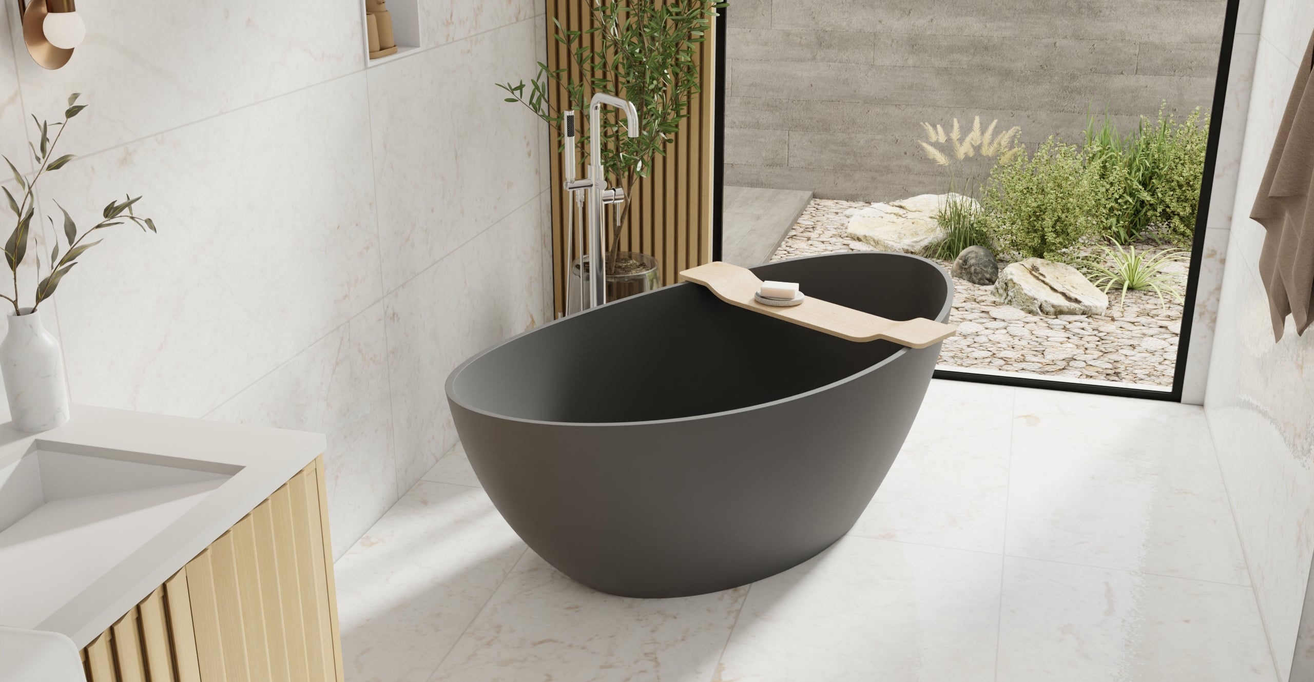 Badeloft BW-03-L-BLK matte black freestanding bathtub, lifestyle view 6