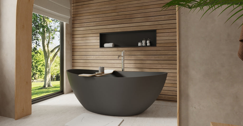 Badeloft BW-03-L-BLK matte black freestanding bathtub, lifestyle view 2