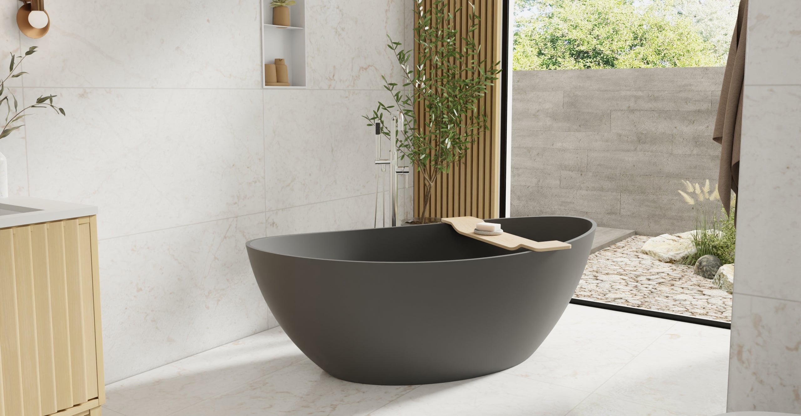 Badeloft BW-03-L-BLK matte black freestanding bathtub, lifestyle view 5