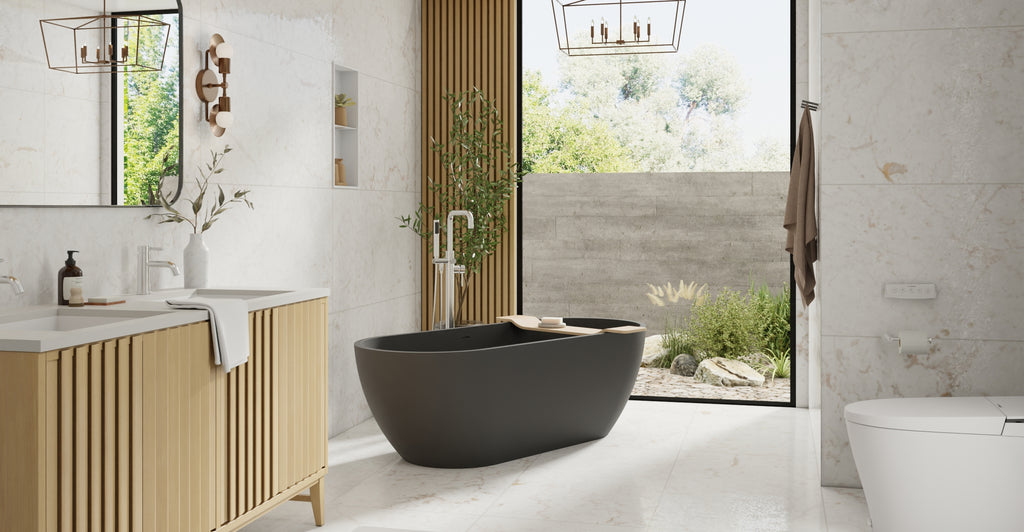 Badeloft BW-02-L-BLK matte black freestanding bathtub, lifestyle view 4