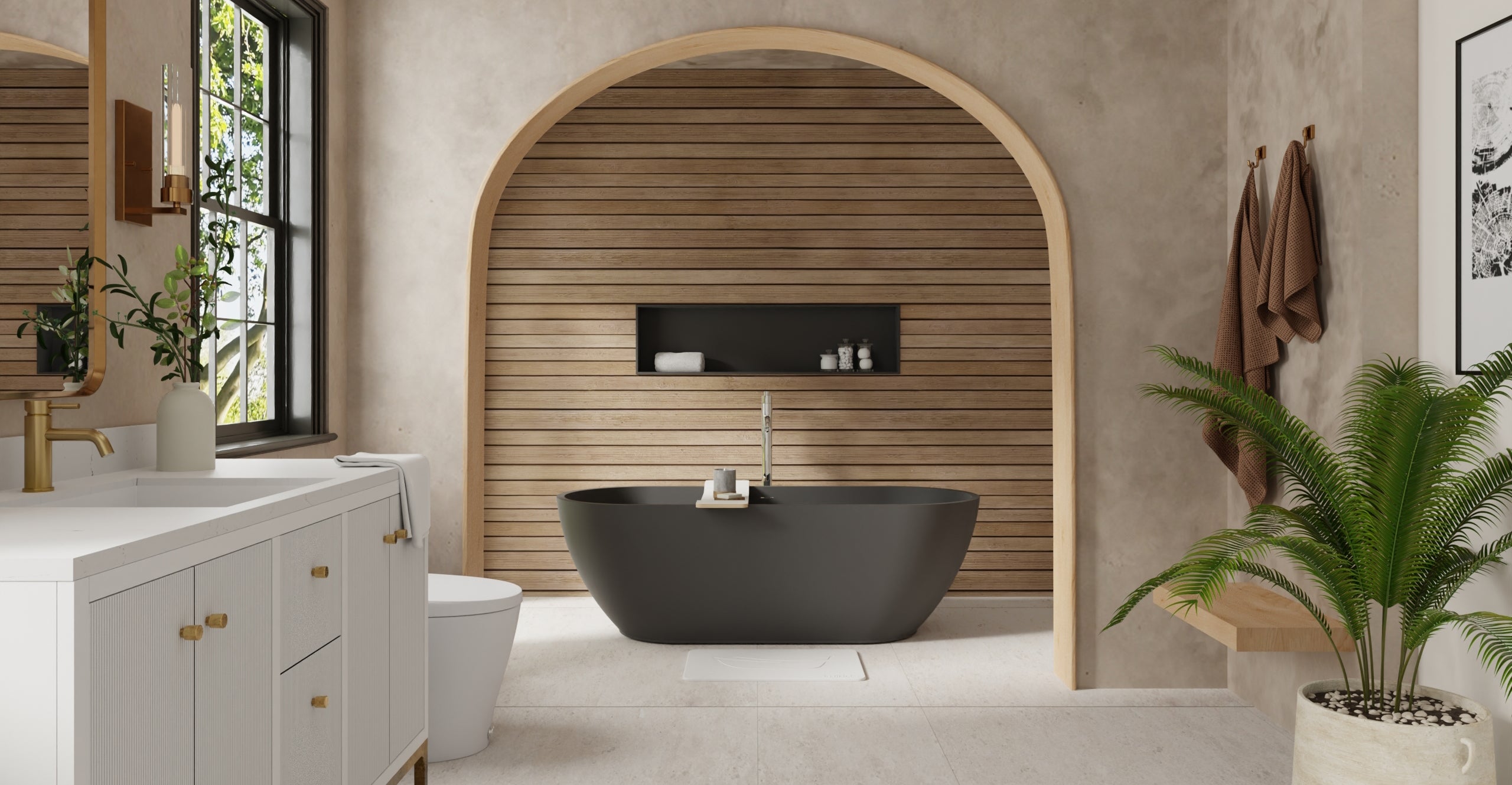 Badeloft BW-02-L-BLK matte black freestanding bathtub, lifestyle view