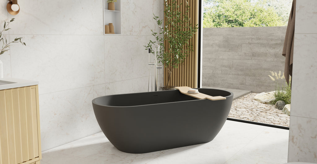 Badeloft BW-02-L-BLK matte black freestanding bathtub, lifestyle view 5