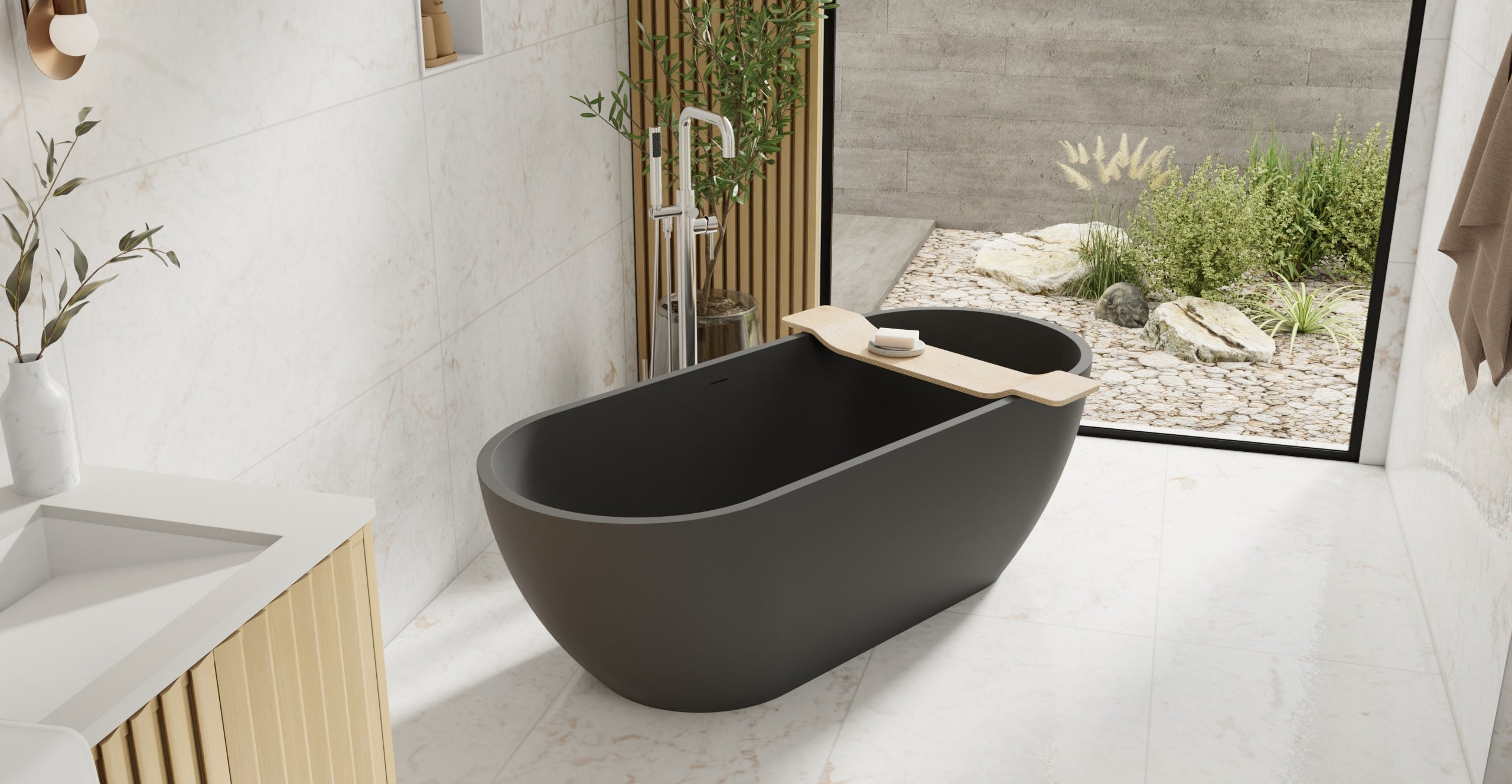 Badeloft BW-02-L-BLK matte black freestanding bathtub, lifestyle view 6