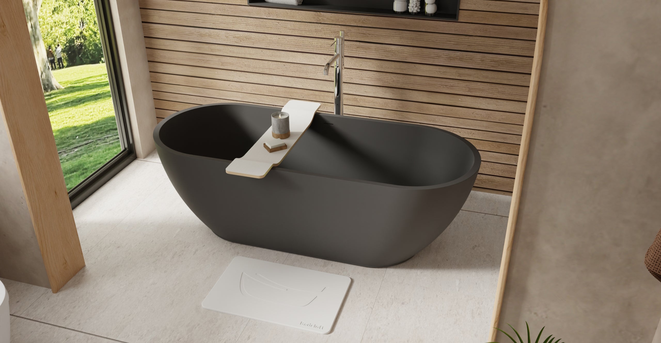 Badeloft BW-02-L-BLK matte black freestanding bathtub, lifestyle view 3