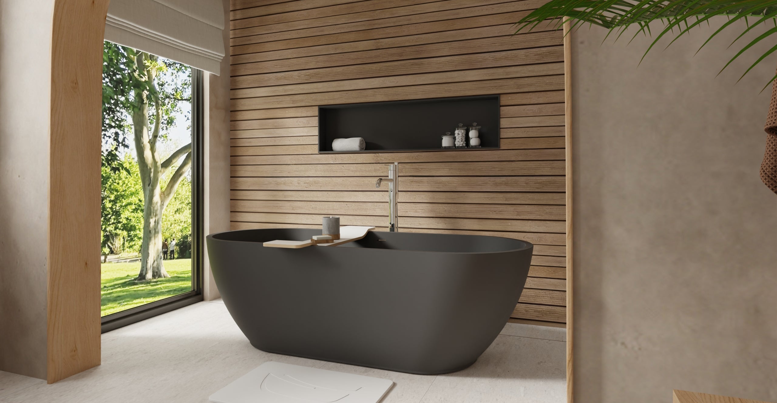Badeloft BW-02-L-BLK matte black freestanding bathtub, lifestyle view 2