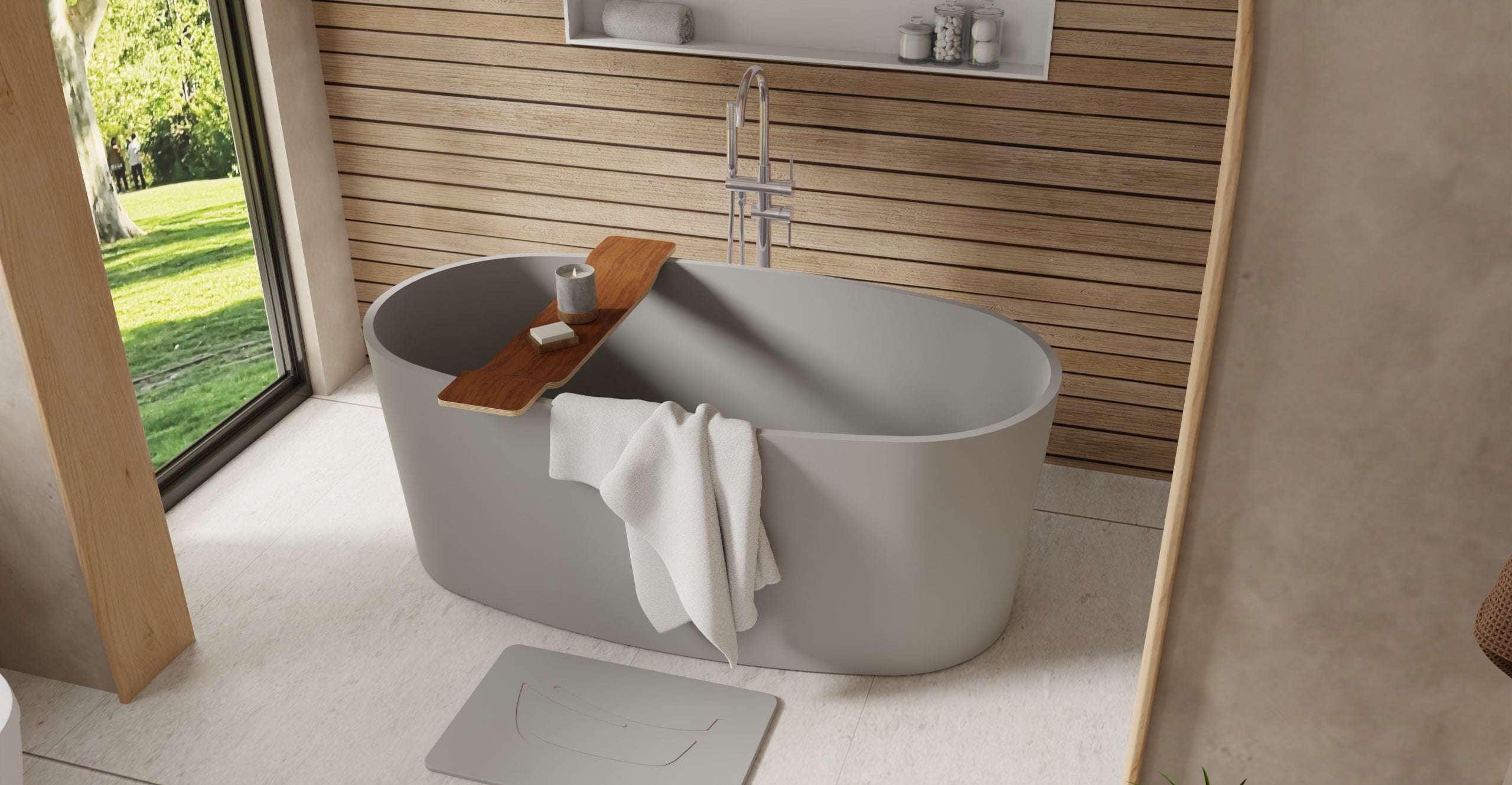 Badeloft BW-08-GRY matte grey freestanding bathtub, lifestyle view 3