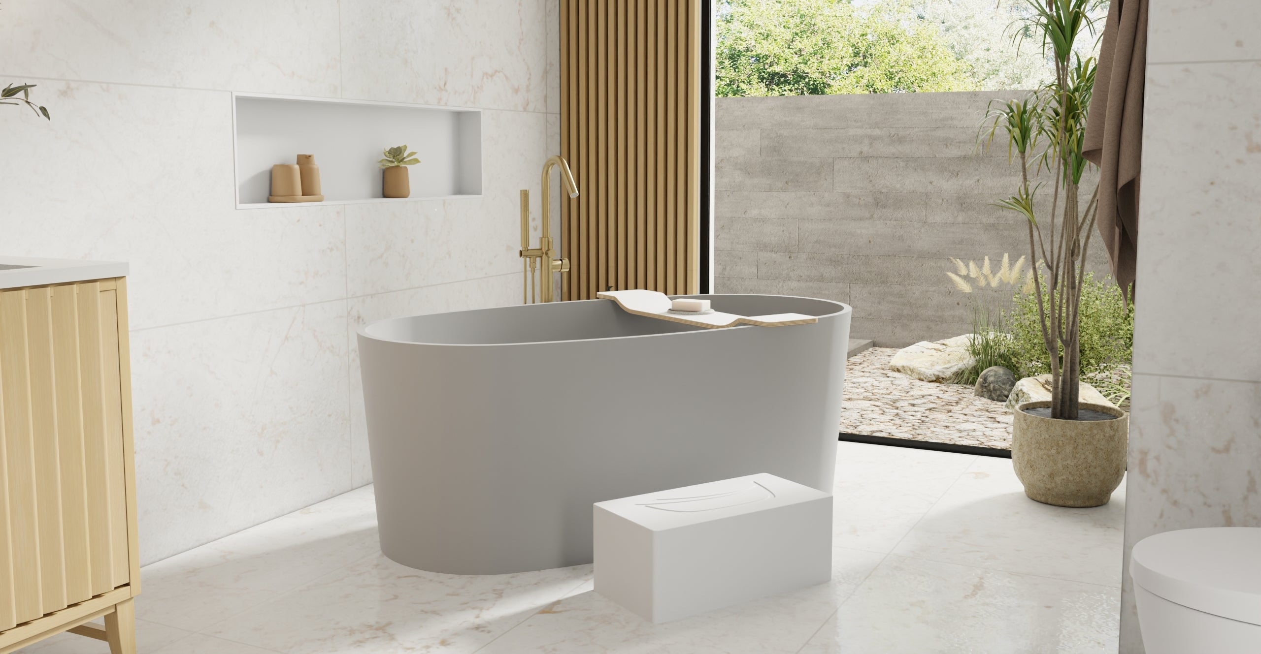 Badeloft BW-08-GRY matte grey freestanding bathtub, lifestyle view 5