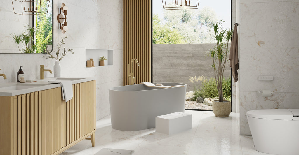 Badeloft BW-08-GRY matte grey freestanding bathtub, lifestyle view 4