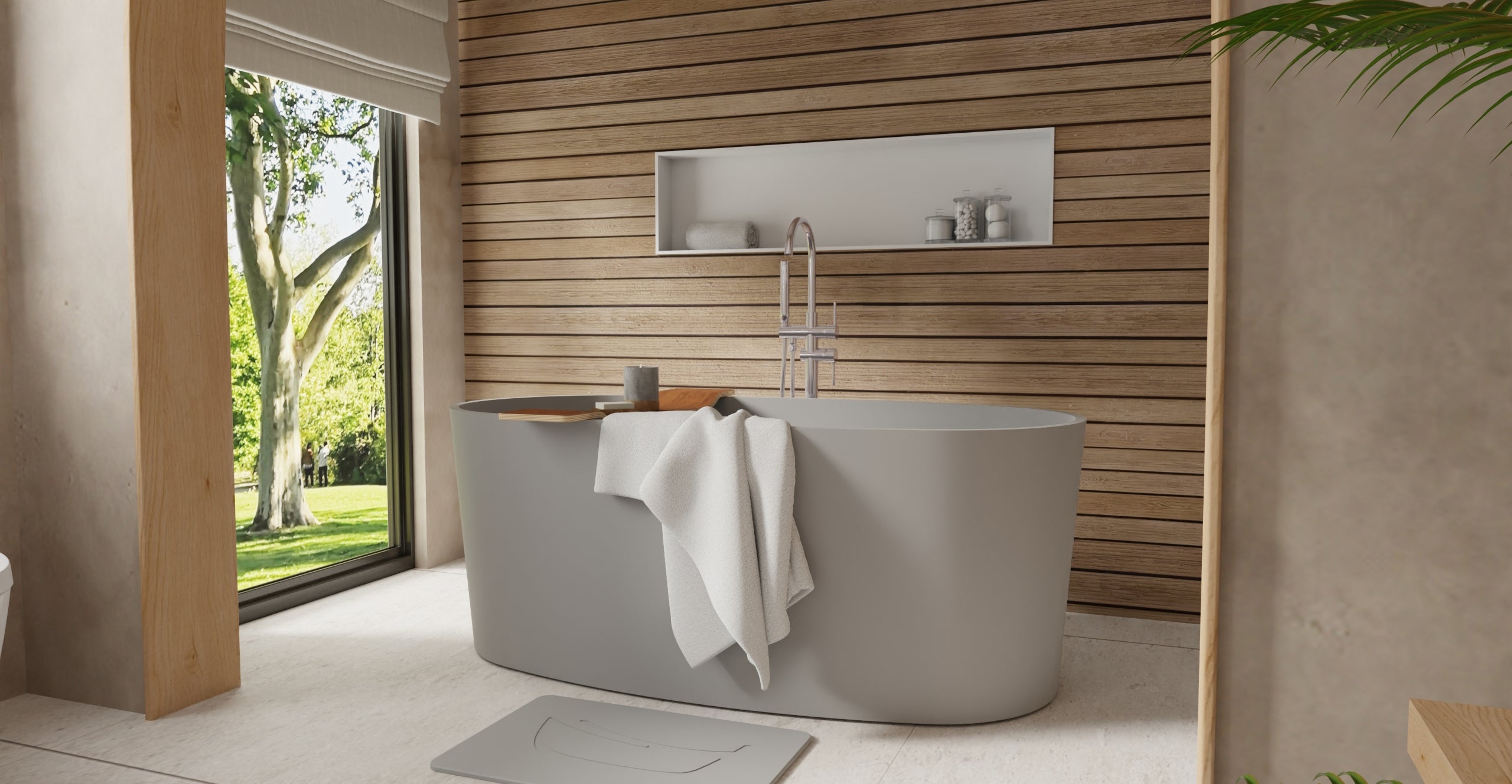 Badeloft BW-08-GRY matte grey freestanding bathtub, lifestyle view 2