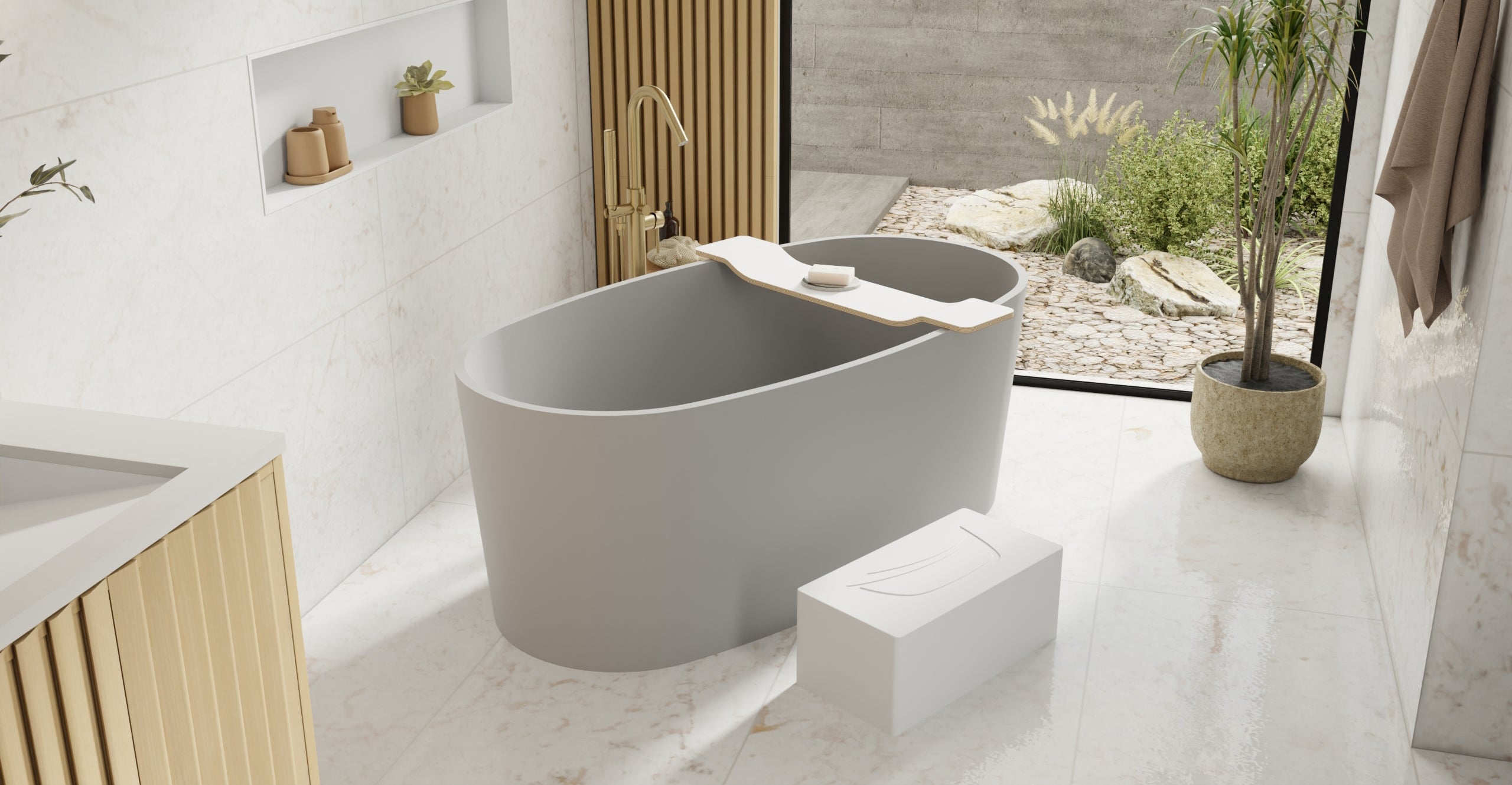 Badeloft BW-08-GRY matte grey freestanding bathtub, lifestyle view 6