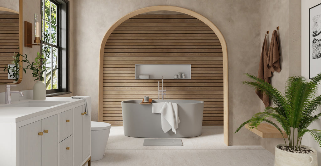 Badeloft BW-08-GRY matte grey freestanding bathtub, lifestyle view
