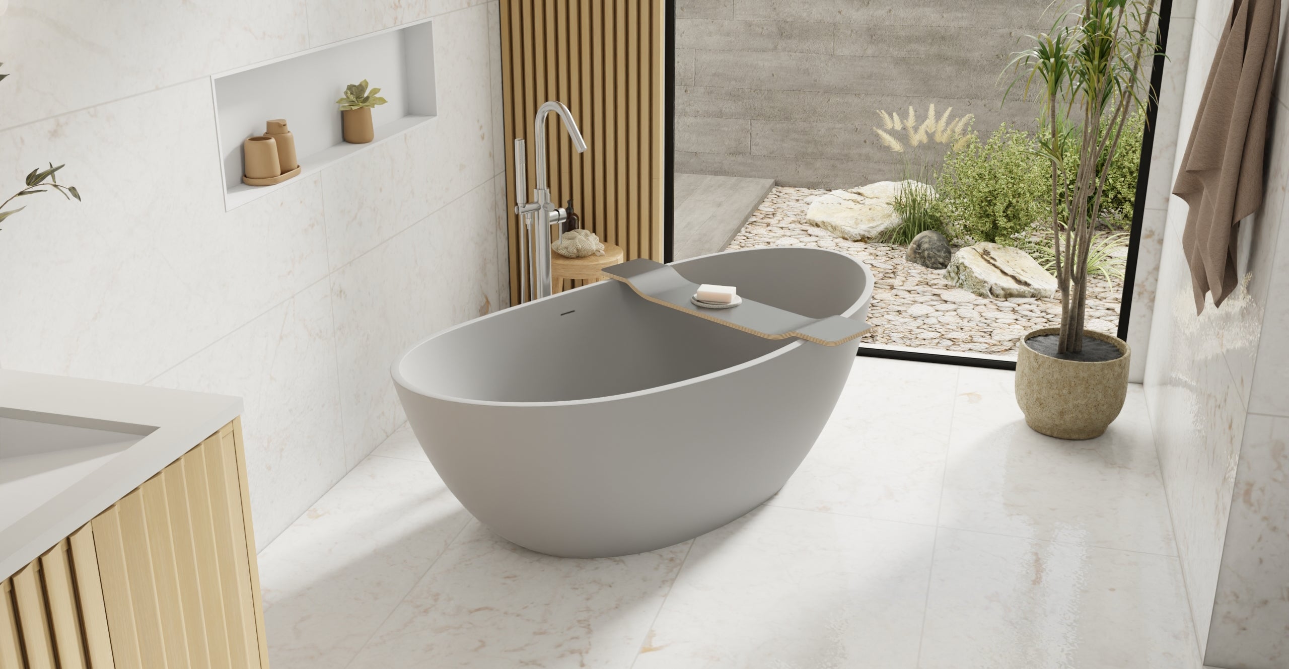 Badeloft BW-03-XL-GRY matte grey freestanding bathtub, lifestyle view 6
