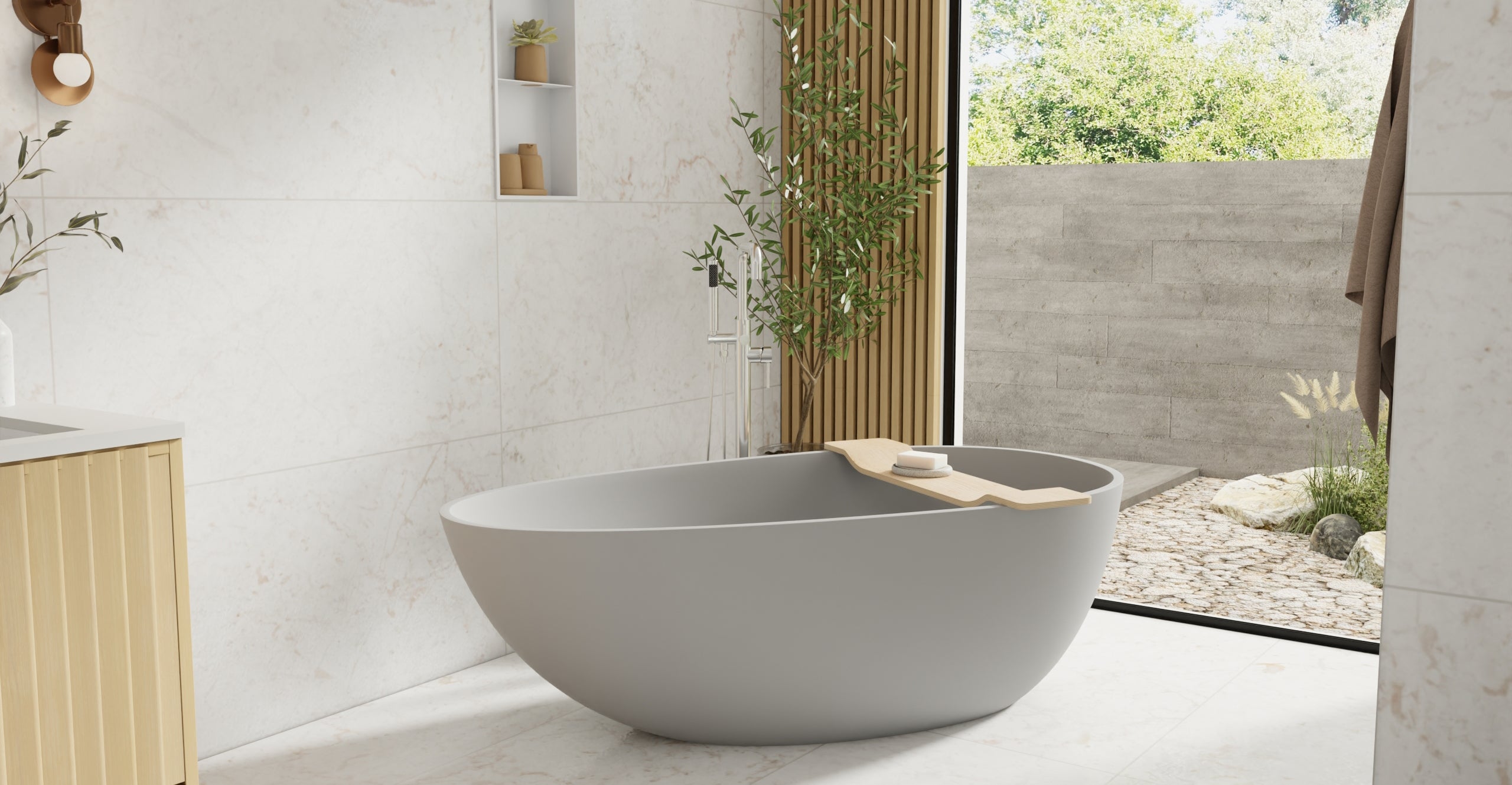 Badeloft BW-01-L-GRY matte grey freestanding bathtub, lifestyle view 5