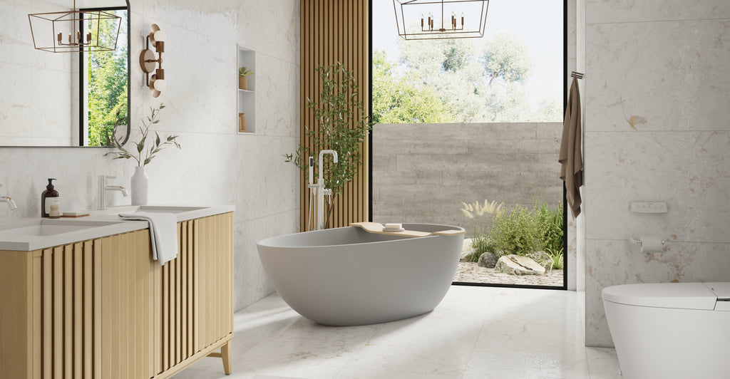 Badeloft BW-01-L-GRY matte grey freestanding bathtub, lifestyle view 4
