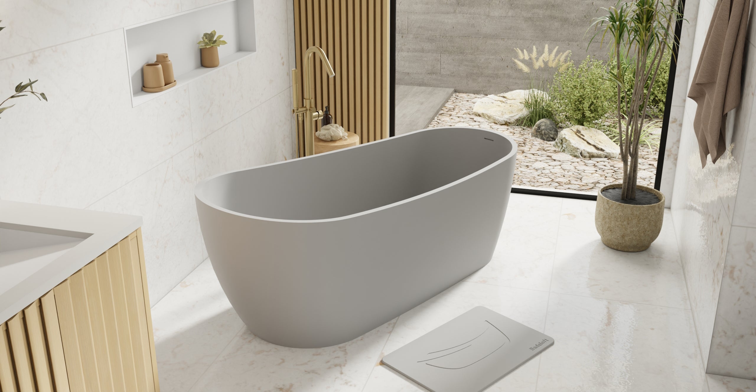 Badeloft BW-09-GRY matte grey freestanding bathtub, lifestyle view 6