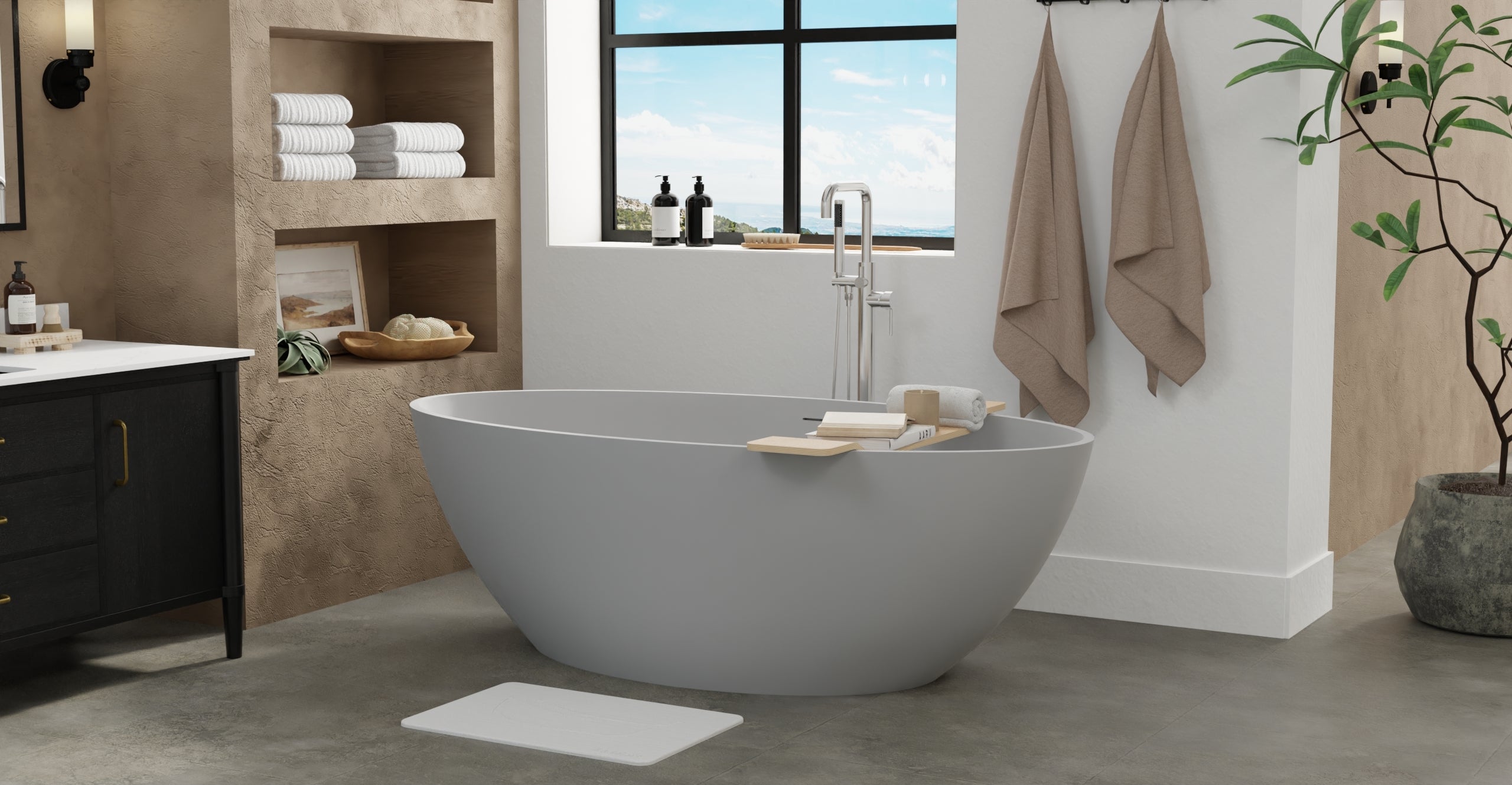 Badeloft BW-05-XL-GRY matte grey freestanding bathtub, lifestyle view 7