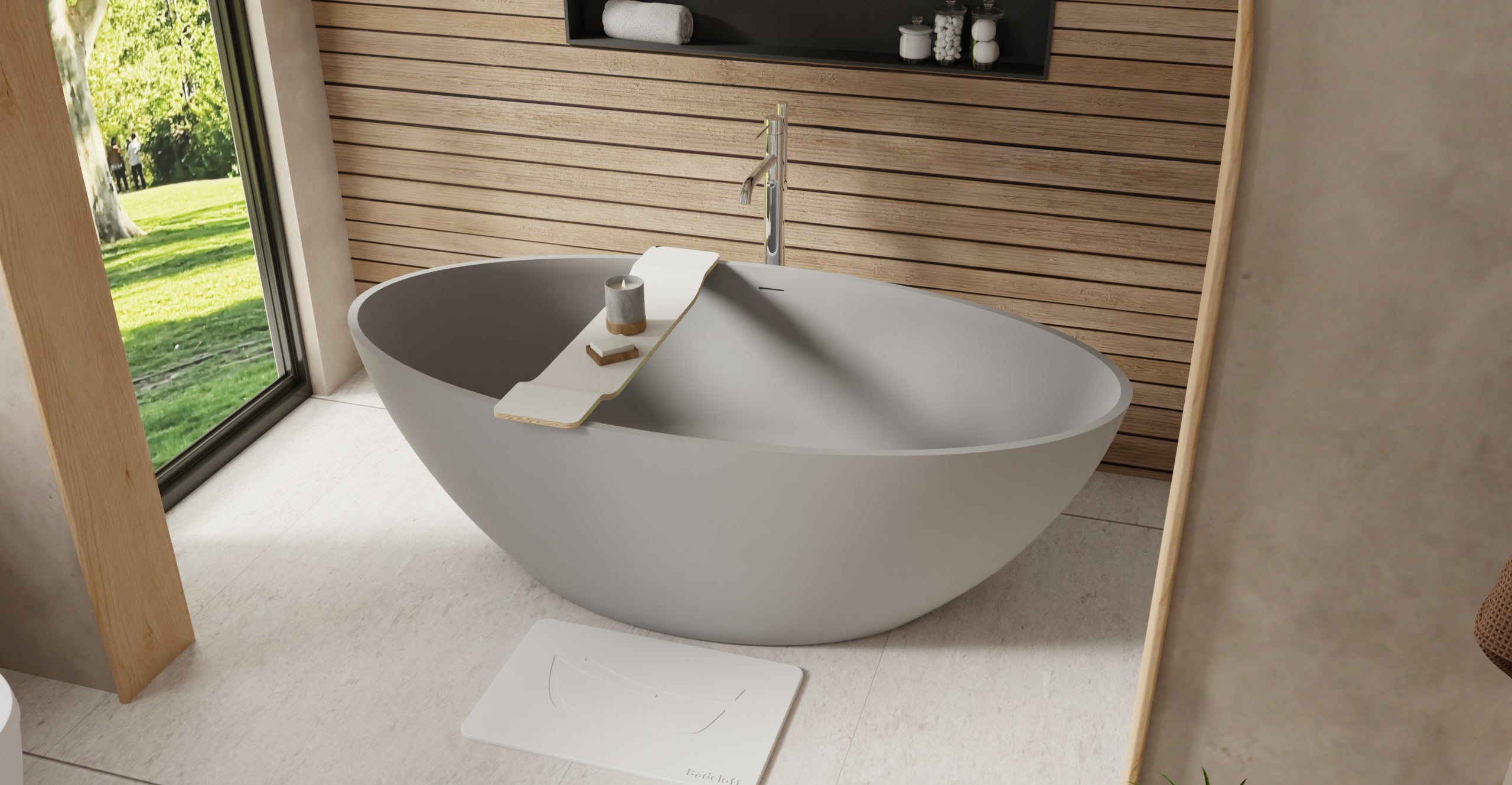 Badeloft BW-05-XL-GRY matte grey freestanding bathtub, lifestyle view 3