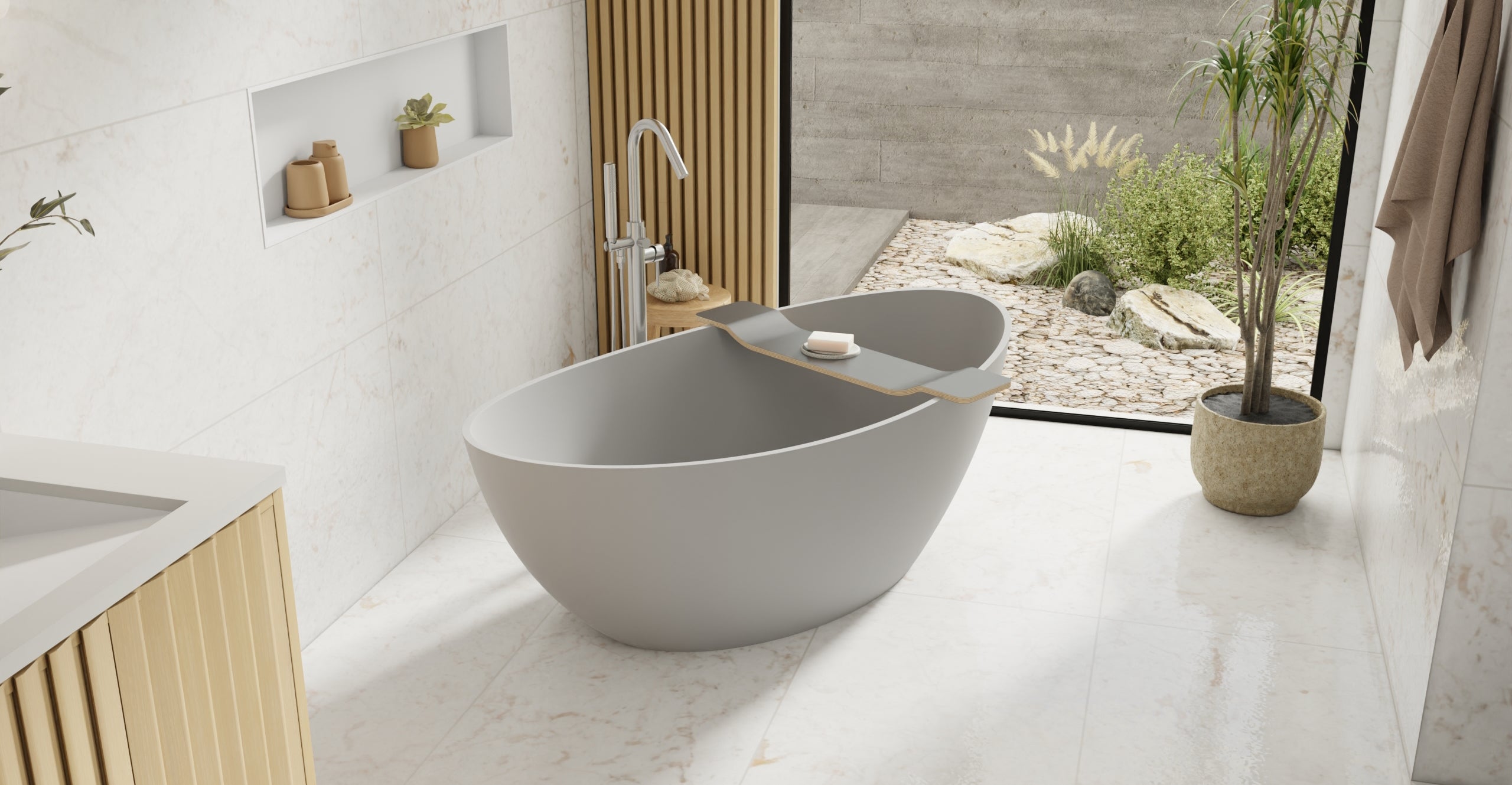 Badeloft BW-03-M-GRY matte grey freestanding bathtub, lifestyle view 6
