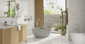 Badeloft BW-03-M-GRY matte grey freestanding bathtub, lifestyle view 4