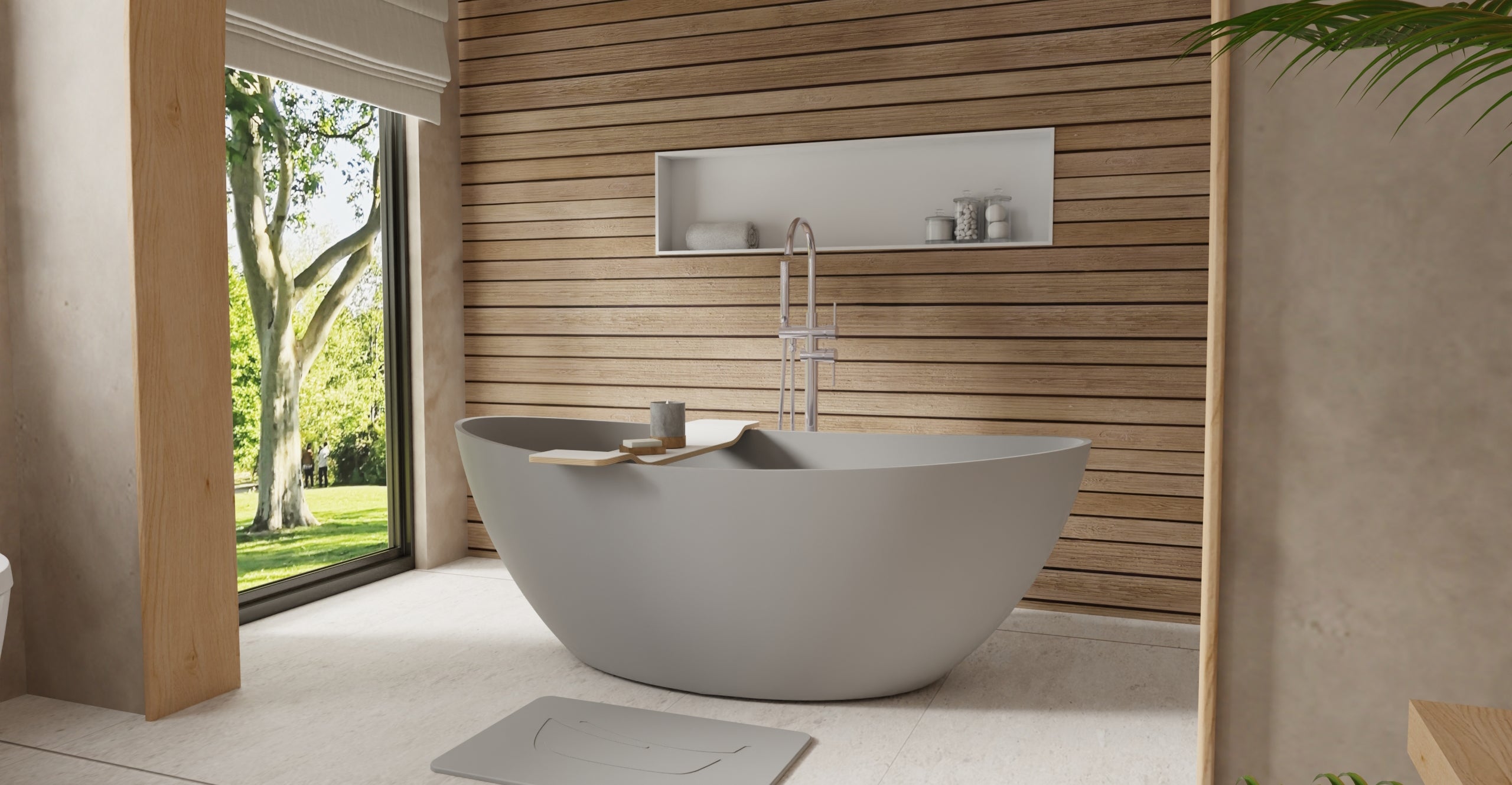 Badeloft BW-03-M-GRY matte grey freestanding bathtub, lifestyle view 2