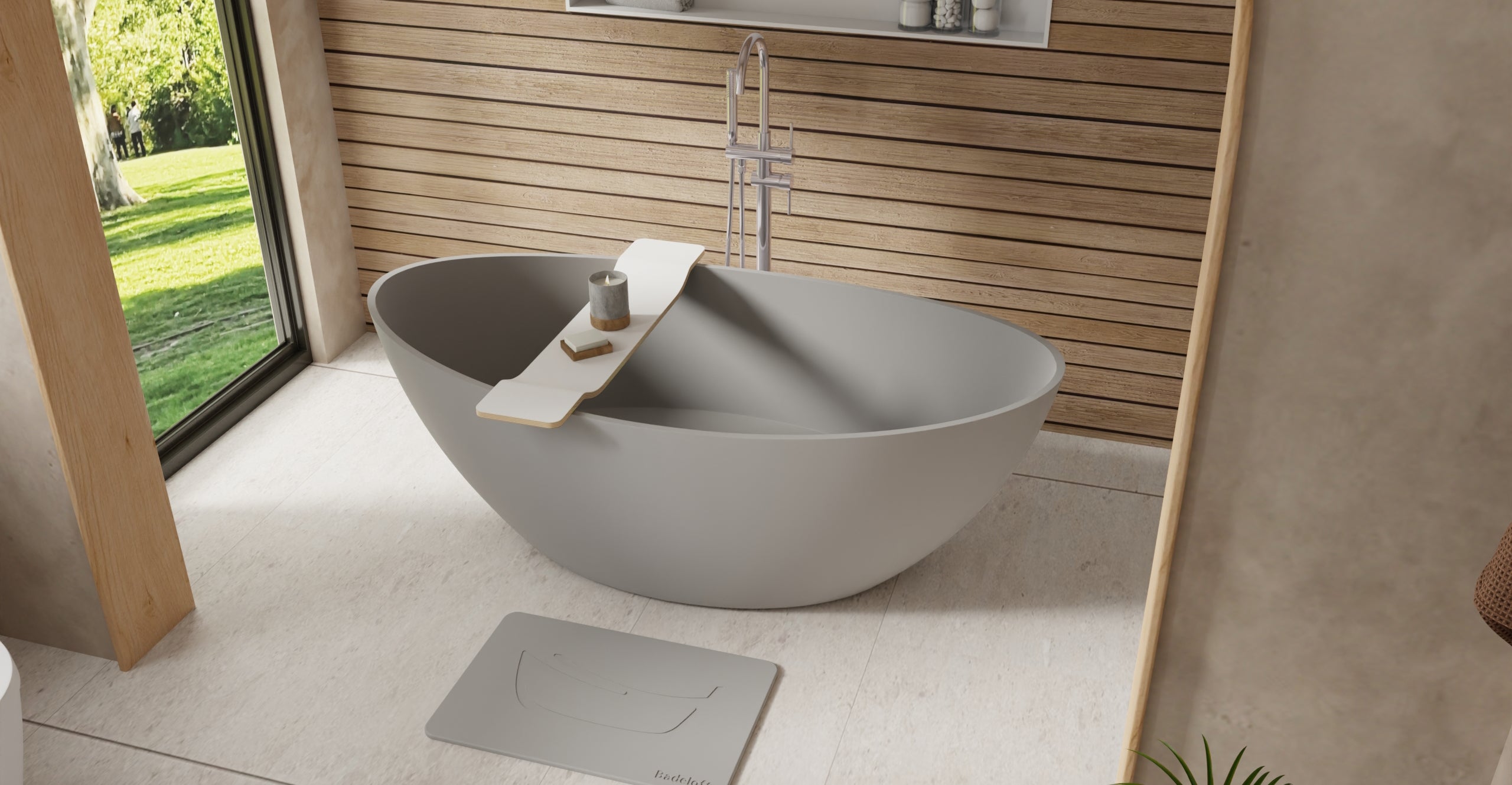 Badeloft BW-03-M-GRY matte grey freestanding bathtub, lifestyle view 3