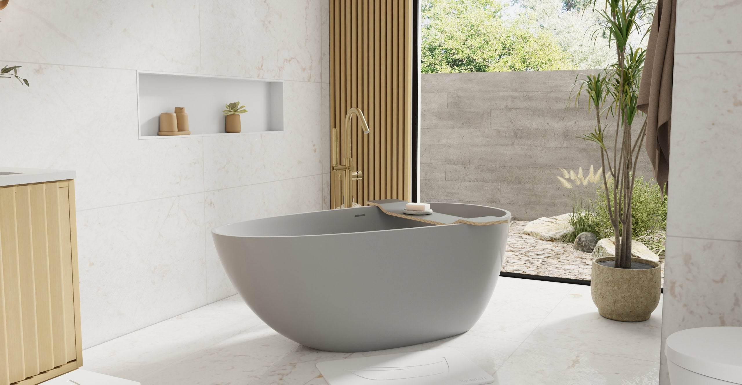 Badeloft BW-01-S-GRY glossy grey freestanding bathtub, lifestyle view 5