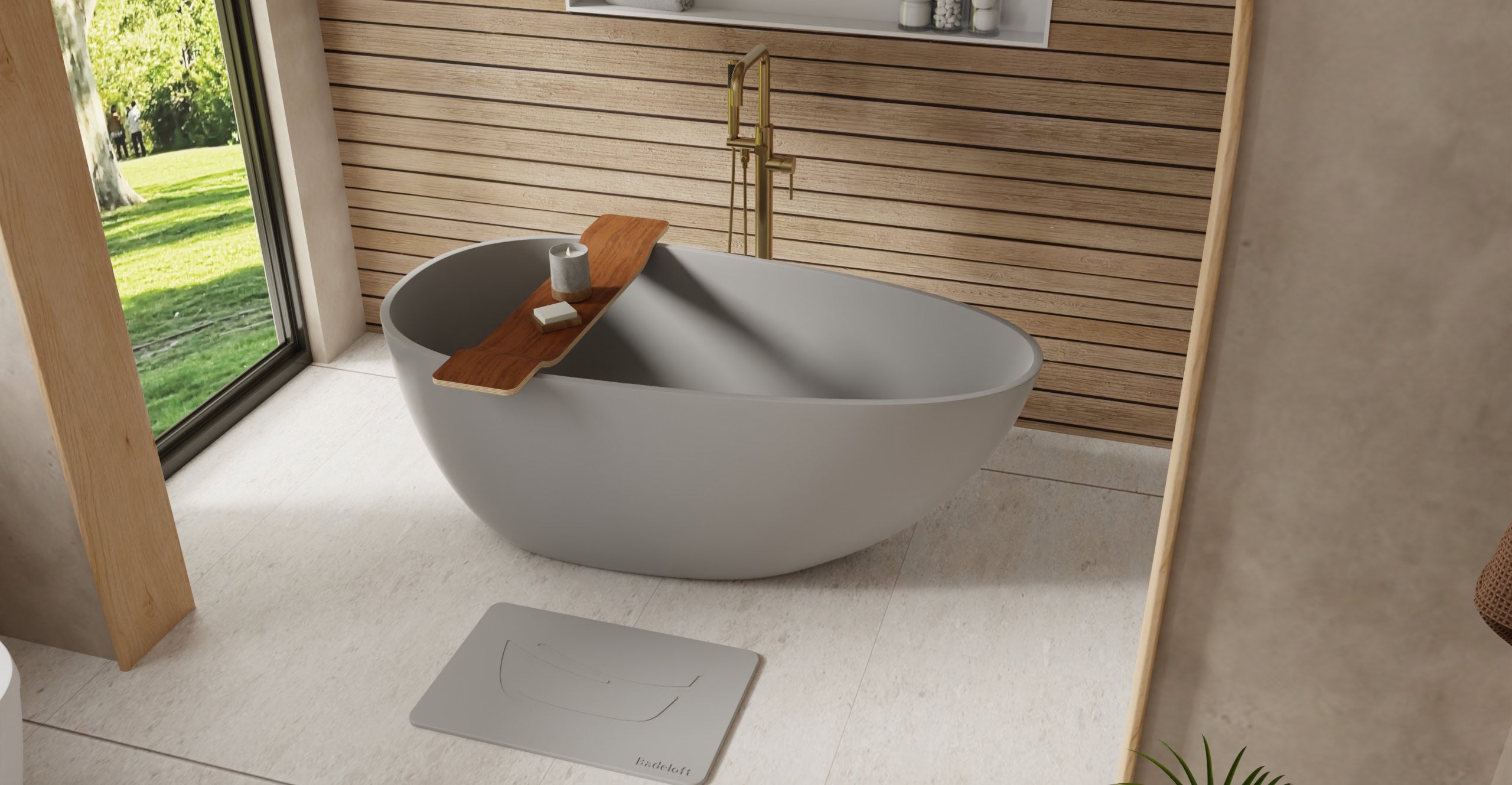 Badeloft BW-01-S-GRY glossy grey freestanding bathtub, lifestyle view 3