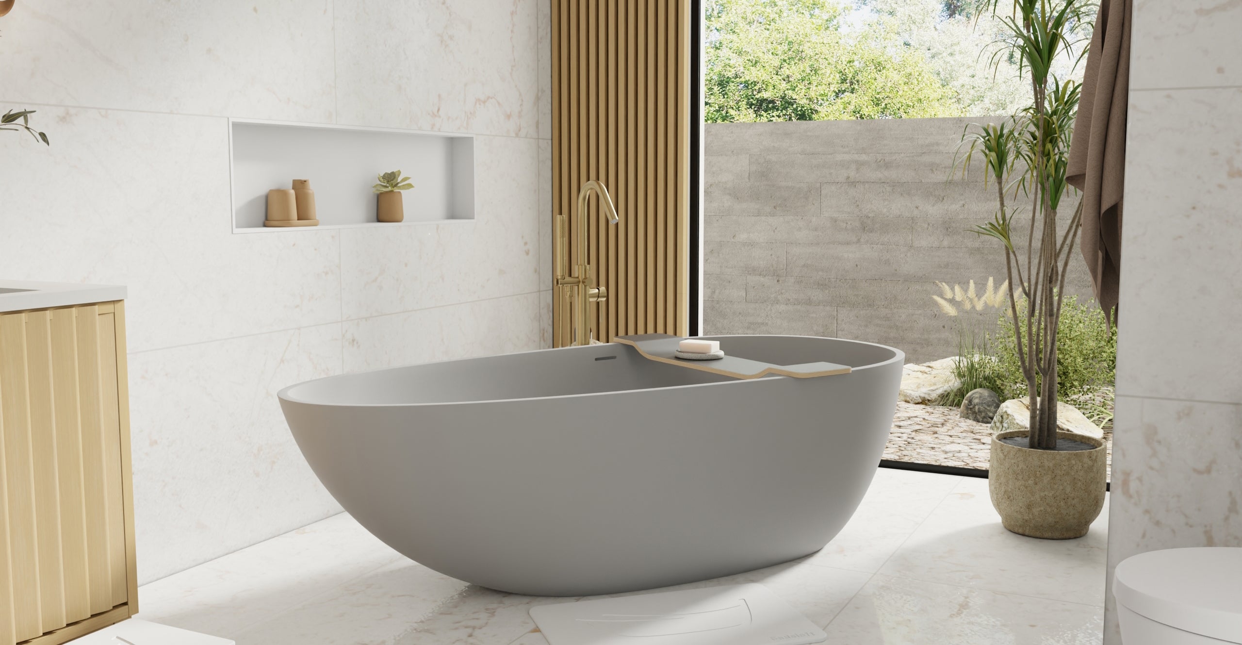 Badeloft BW-01-XL-GRY matte grey freestanding bathtub, lifestyle view 5