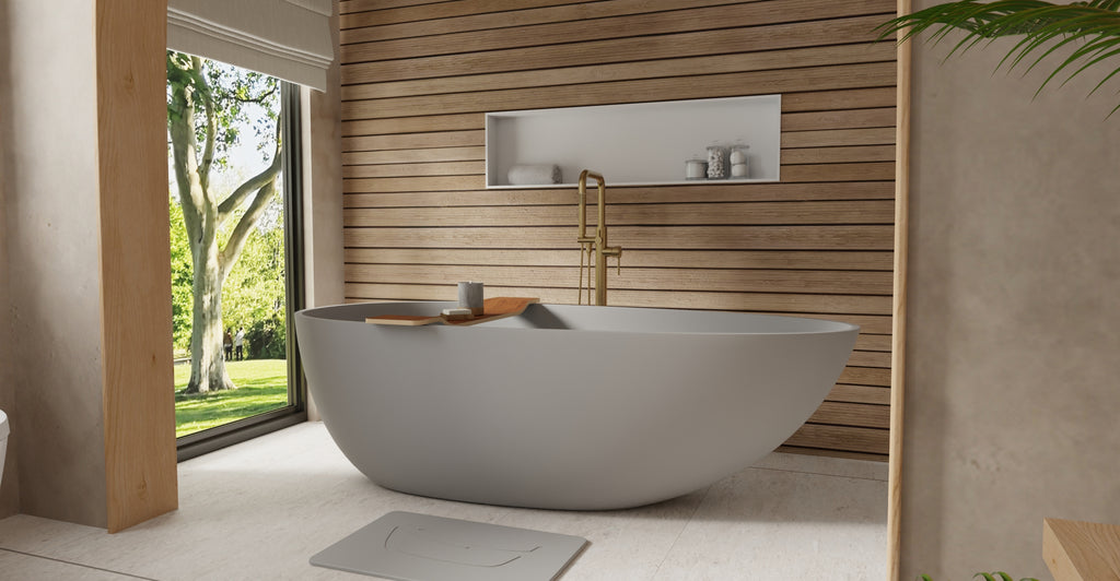 Badeloft BW-01-XL-GRY matte grey freestanding bathtub, lifestyle view 2