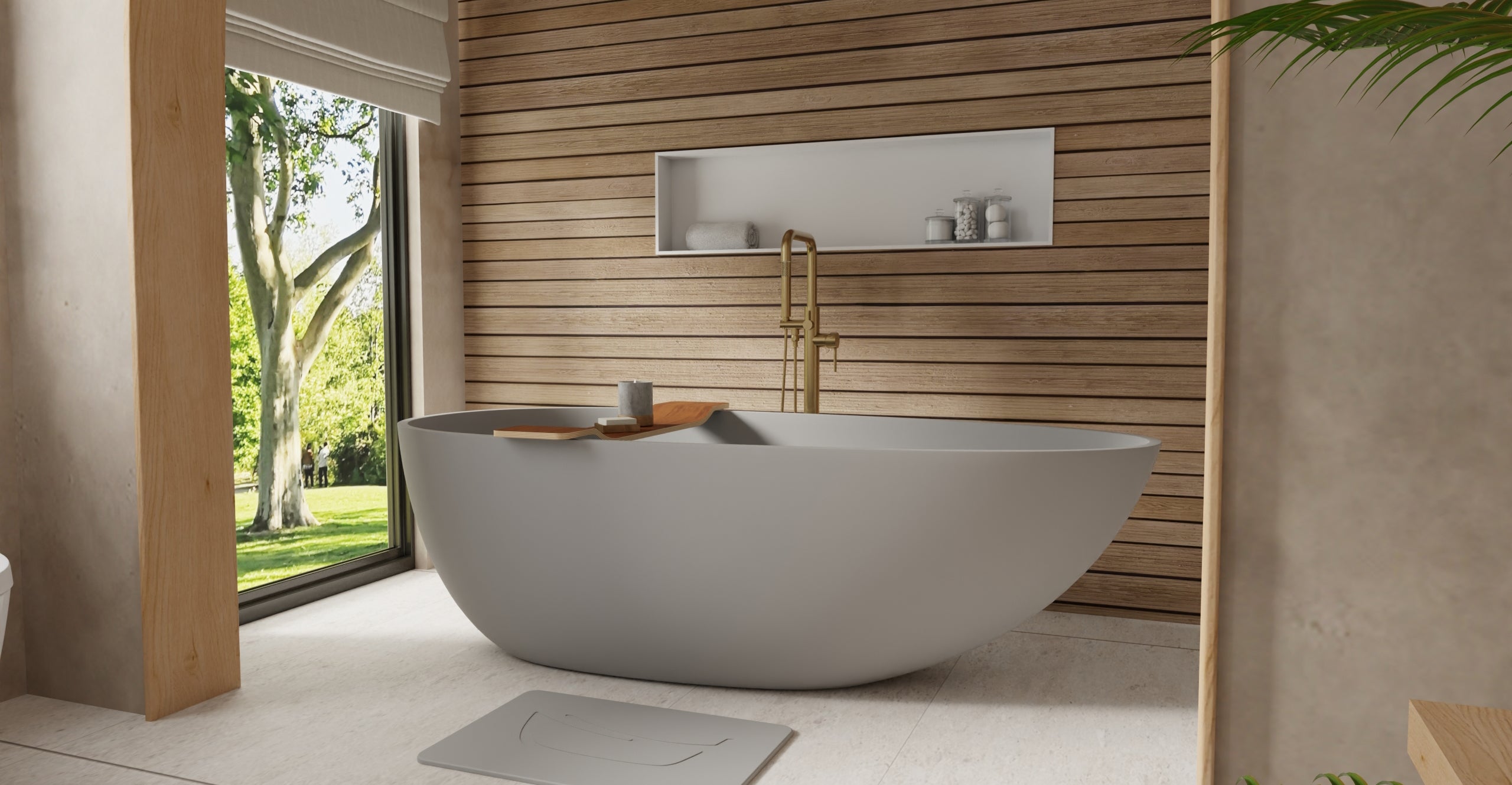 Badeloft BW-01-XL-GRY matte grey freestanding bathtub, lifestyle view 2