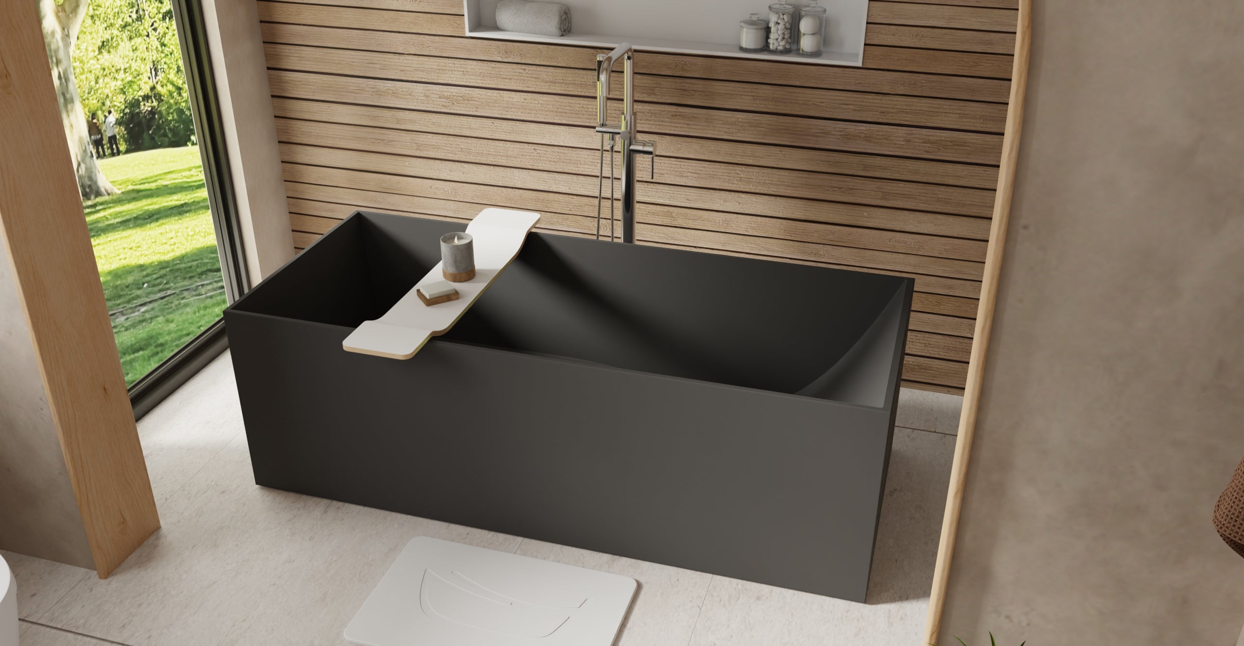 Badeloft BW-06-XL-BLK matte black freestanding bathtub, lifestyle view 3