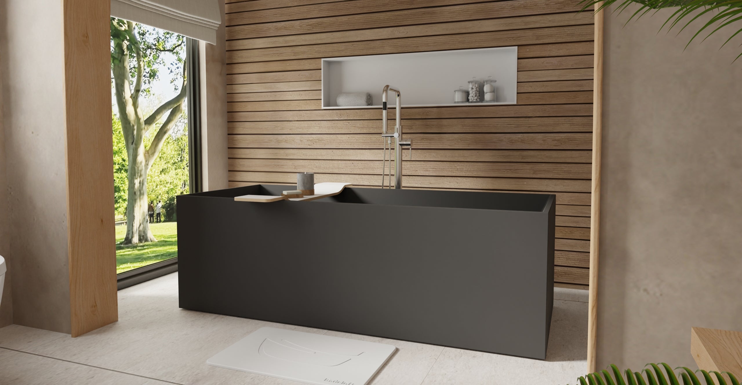 Badeloft BW-06-XL-BLK matte black freestanding bathtub, lifestyle view 2
