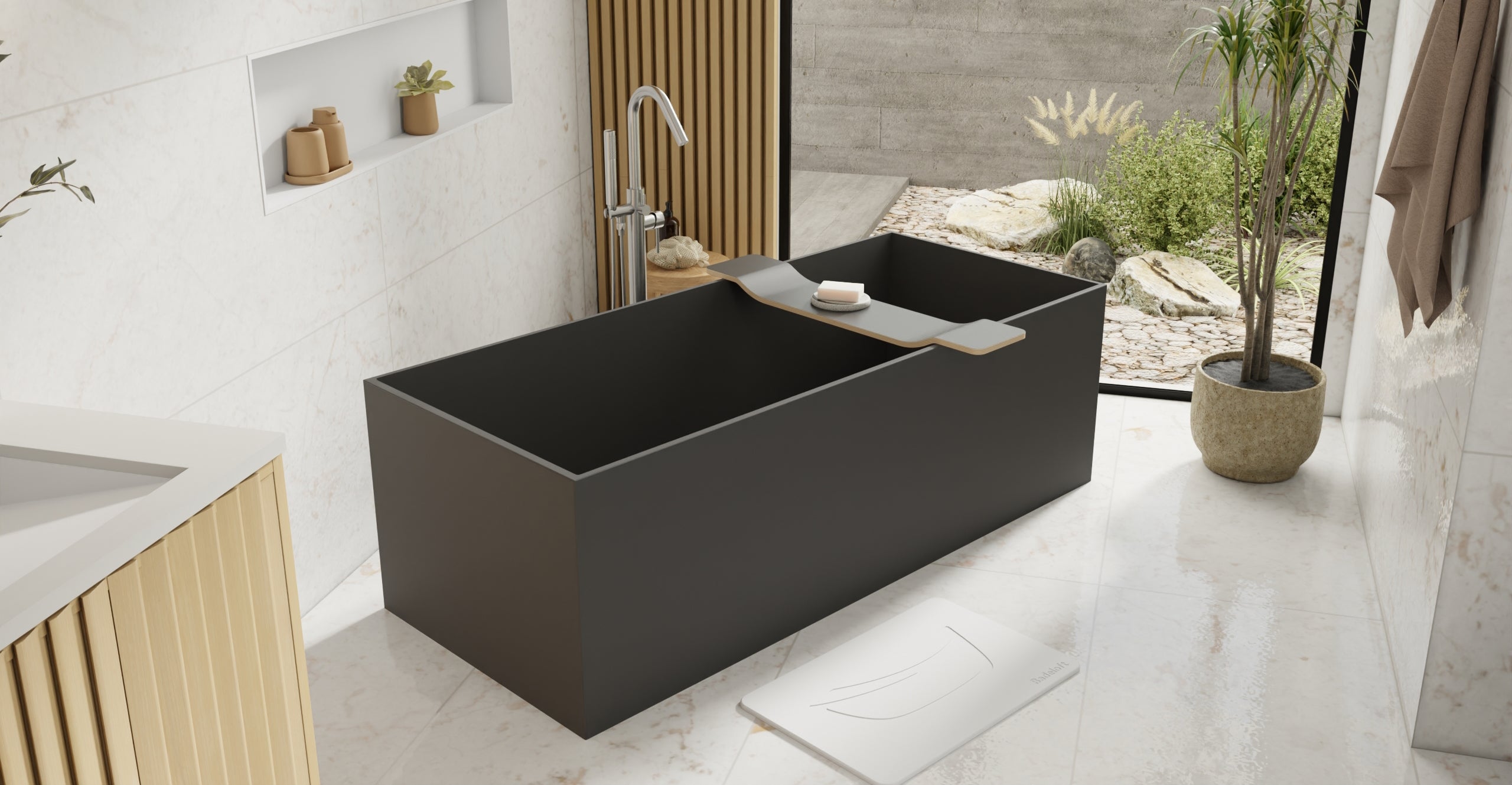 Badeloft BW-06-XL-BLK matte black freestanding bathtub, lifestyle view 6