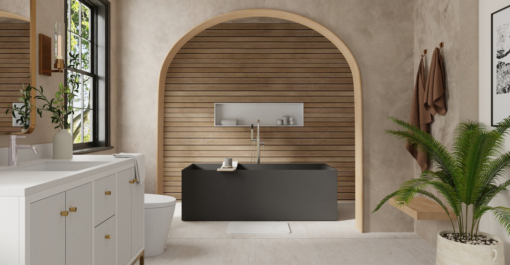 Badeloft BW-06-XL-BLK matte black freestanding bathtub, lifestyle view