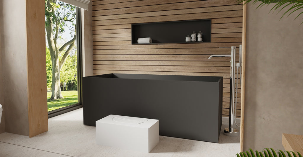 Badeloft BW-06-L-BLK matte black freestanding bathtub, lifestyle view 2