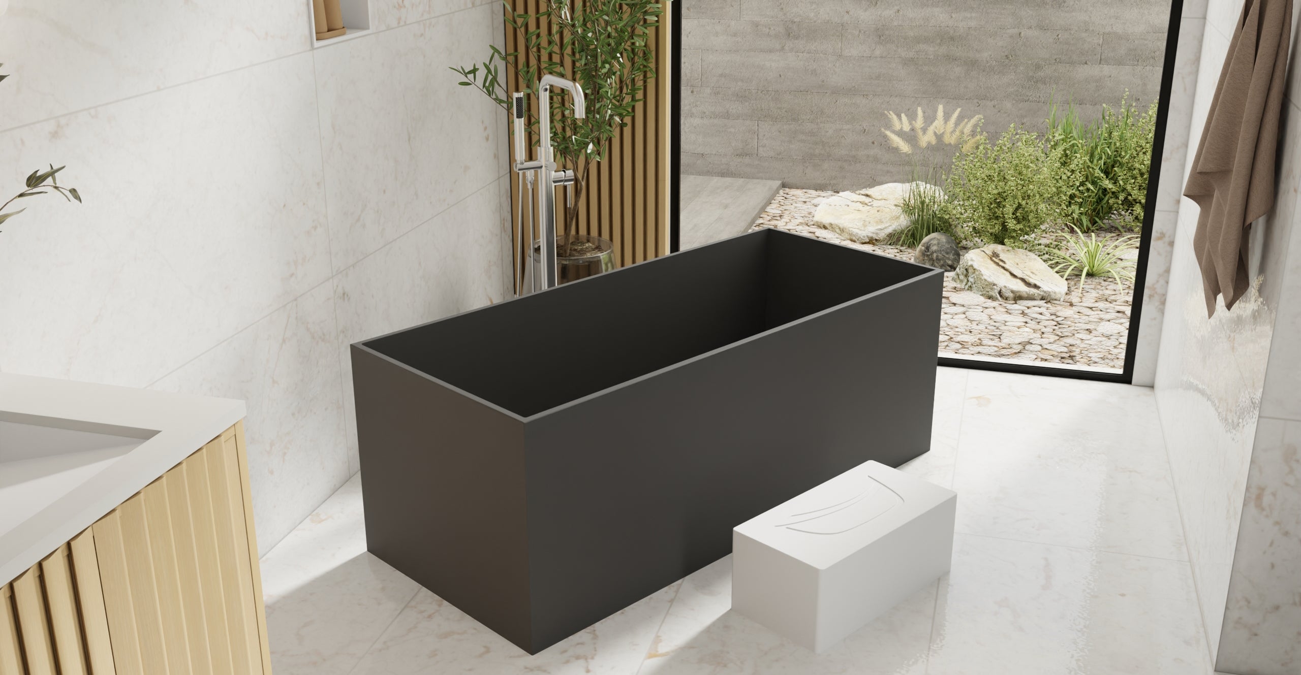 Badeloft BW-06-L-BLK matte black freestanding bathtub, lifestyle view 6