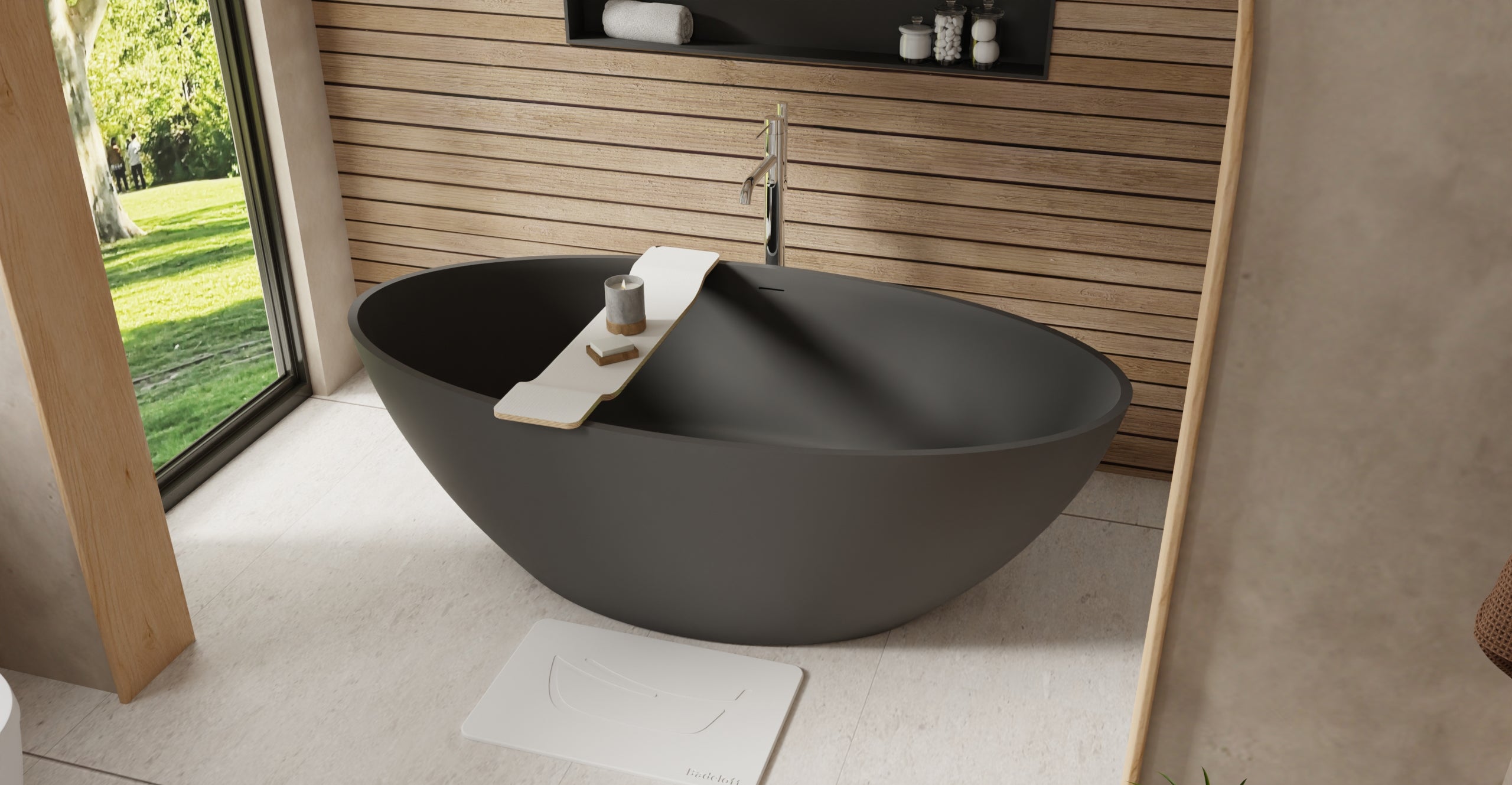 Badeloft BW-05-XL-BLK matte black freestanding bathtub, lifestyle view 3